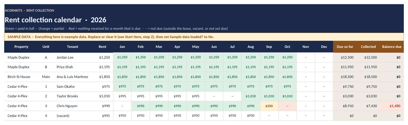 Rent Collection grid with sample units and months