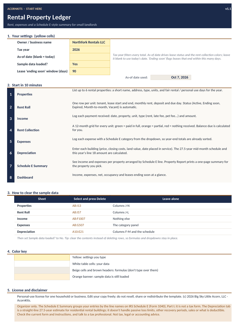 Start Here sheet with settings and quick start